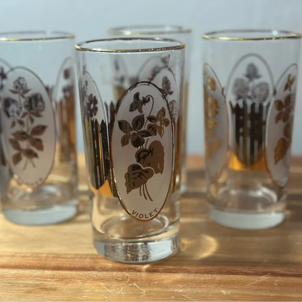 Gold Floral Highball Glasses - Set of 4